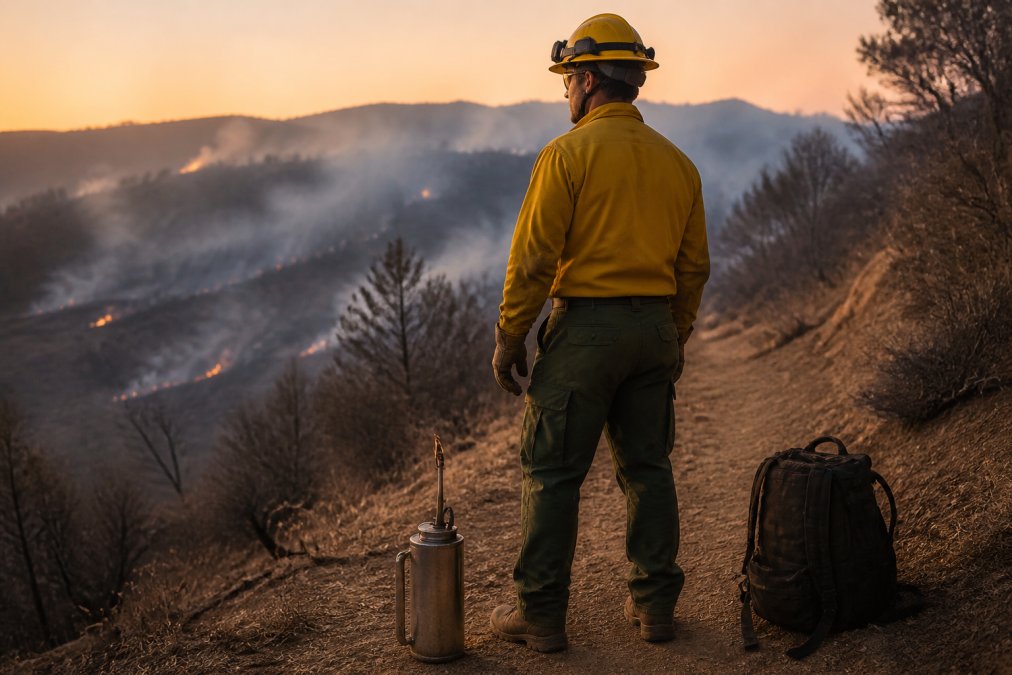 A wildland firefighter in a yellow Nomex brush shirt and green fire-resistant pants standing on a dusty fireline at dusk, drip torch and line pack nearby, smoke haze drifting through the background
