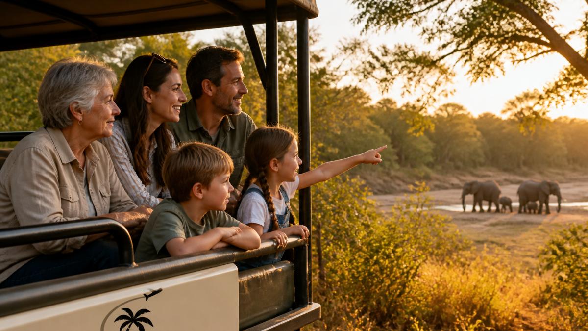 Multigenerational family observing wildlife from a safe distance in natural habitat, with children pointing excitedly at distant animals and parents smiling nearby, golden afternoon light filtering through trees