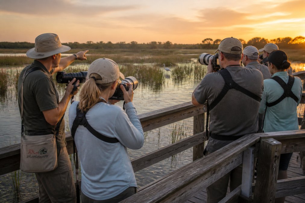 Photographers using telephoto lenses on a marsh boardwalk during wildlife photography workshops at golden hour.