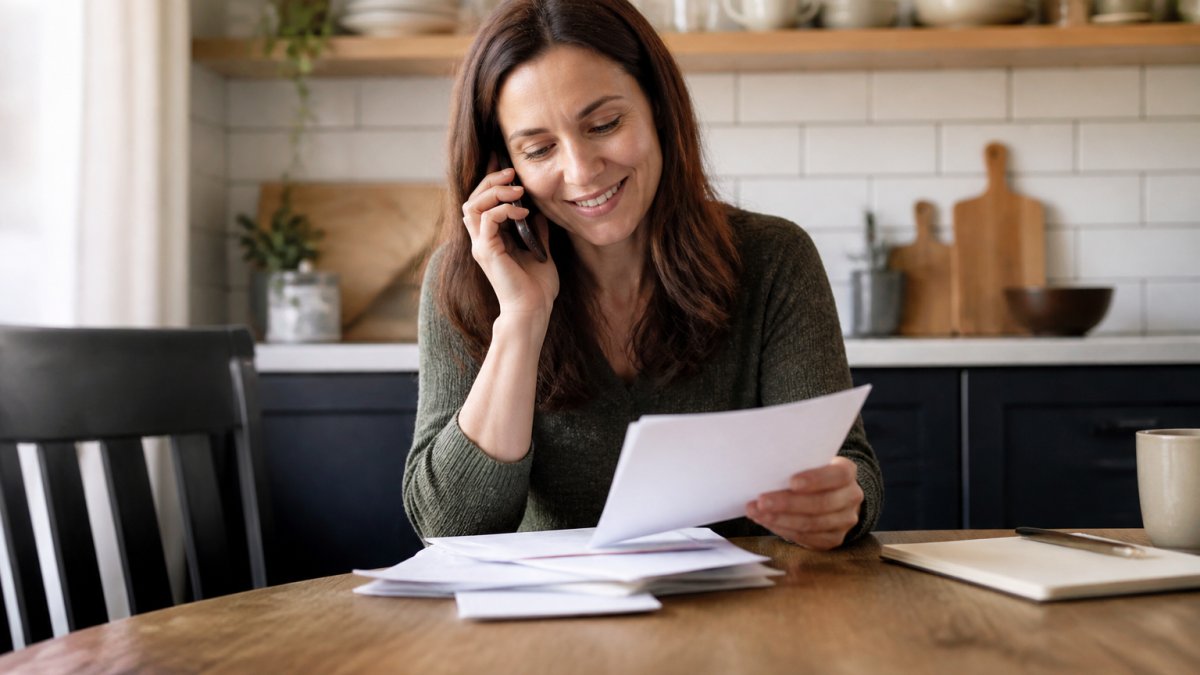 A person sitting at a kitchen table with a stack of bills, looking relieved while talking on the phone, warm natural light