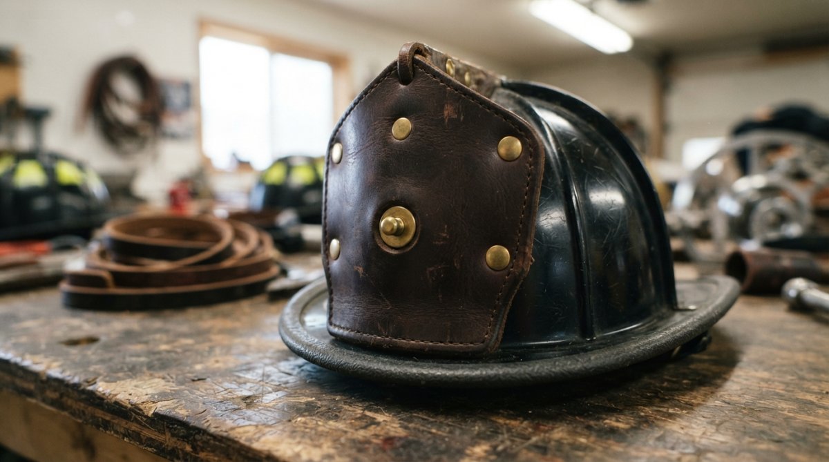 Close-up of a custom leather front holder mounted on a traditional fire helmet, showing rivets and brass hardware detail against the helmet shell, photographed under workshop lighting on a wooden workbench