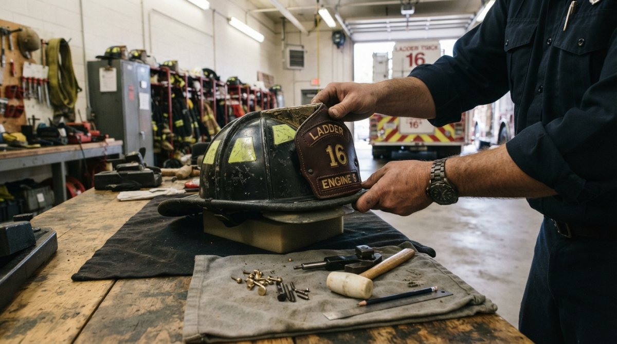 Firefighter's hands positioning a leather front holder against a Cairns-style fire helmet on a workbench, with brass rivets and a rivet setting tool laid out on a clean cloth nearby, under bright garage lighting