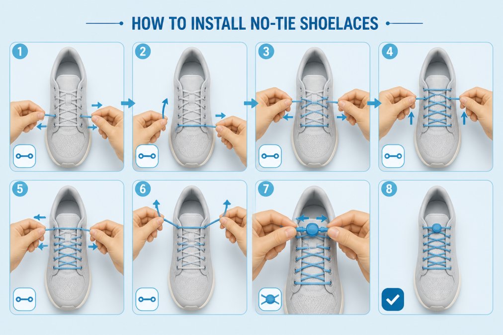 Hands demonstrating the installation process of elastic laces, showing the push-and-pull method threading elastic laces through shoe eyelets in sequence, with clear action and natural lighting on a neutral surface