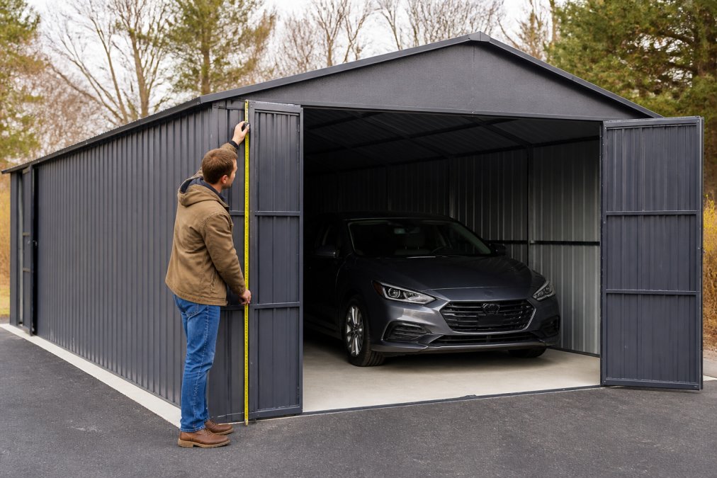Homeowner using a tape measure to check garage width and height with a sedan parked inside showing clearance space around the vehicle