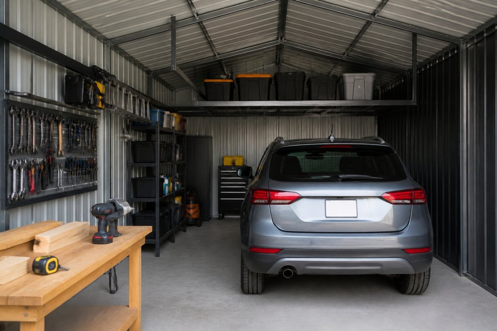 Well-organized small garage with wall-mounted storage systems, overhead racks, and a compact car parked with ample workspace visible