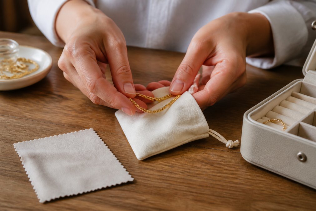 Hands carefully placing a gold plated necklace into a soft white storage pouch on a wooden surface