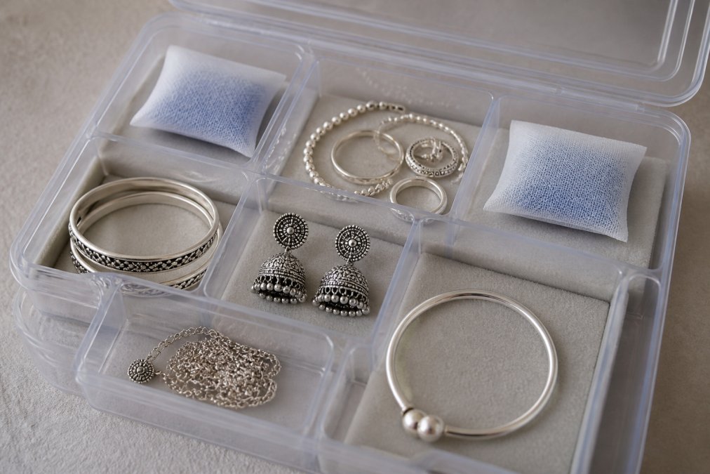 An airtight jewellery storage box with handcrafted silver pieces neatly organized inside, showing proper storage environment with silica gel packets