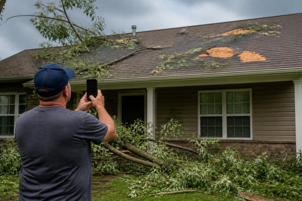 A homeowner standing in their yard looking up at a roof with visible missing shingles and scattered tree branches after a storm, holding a smartphone to take photos for documentation, overcast sky