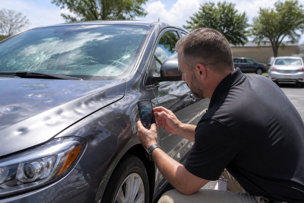 Professional documenting hail damage on rental car with smartphone, capturing dented panels and cracked windshield in natural daylight