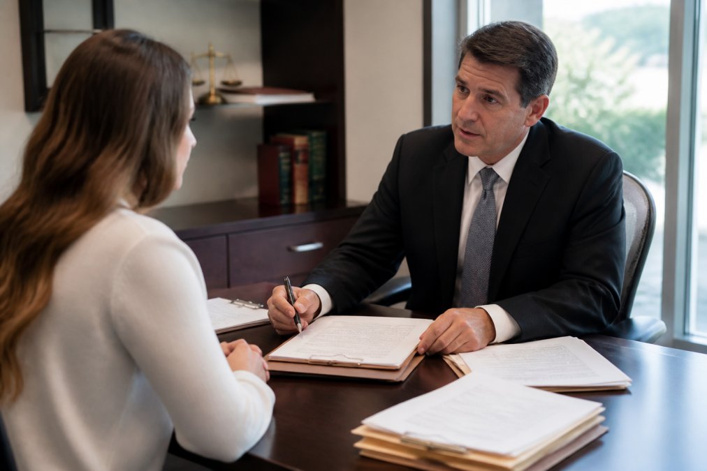 Professional personal injury attorney in business attire meeting with client across desk with settlement documents and case files visible, discussing negotiation strategy in modern law office with natural lighting