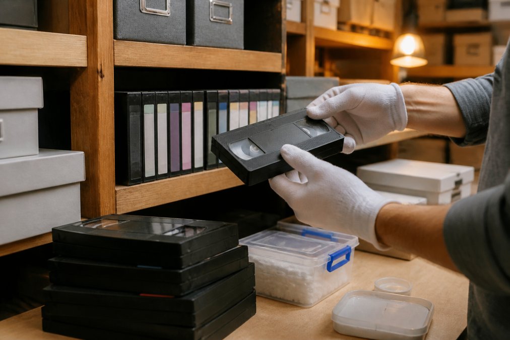 Hands carefully handling VHS tapes in a climate-controlled storage environment with archival boxes, silica gel canisters, and colour-coded organisation labels on wooden shelves with soft ambient lighting