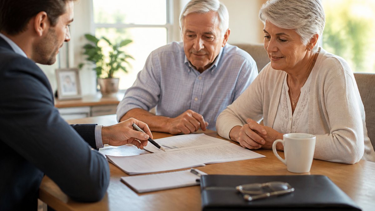 Financial advisor in professional office meeting with older couple at desk, reviewing estate planning documents together, warm natural lighting from windows