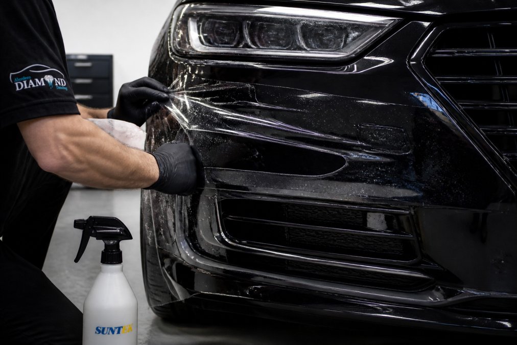 Close-up of a detailing professional's hands applying a clear protective film to the front bumper of a dark-coloured prestige car in a well-lit detailing studio