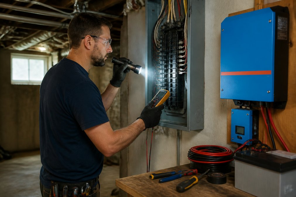 Licensed electrician using a multimeter to inspect home wiring to see if solar systems work with old wiring.