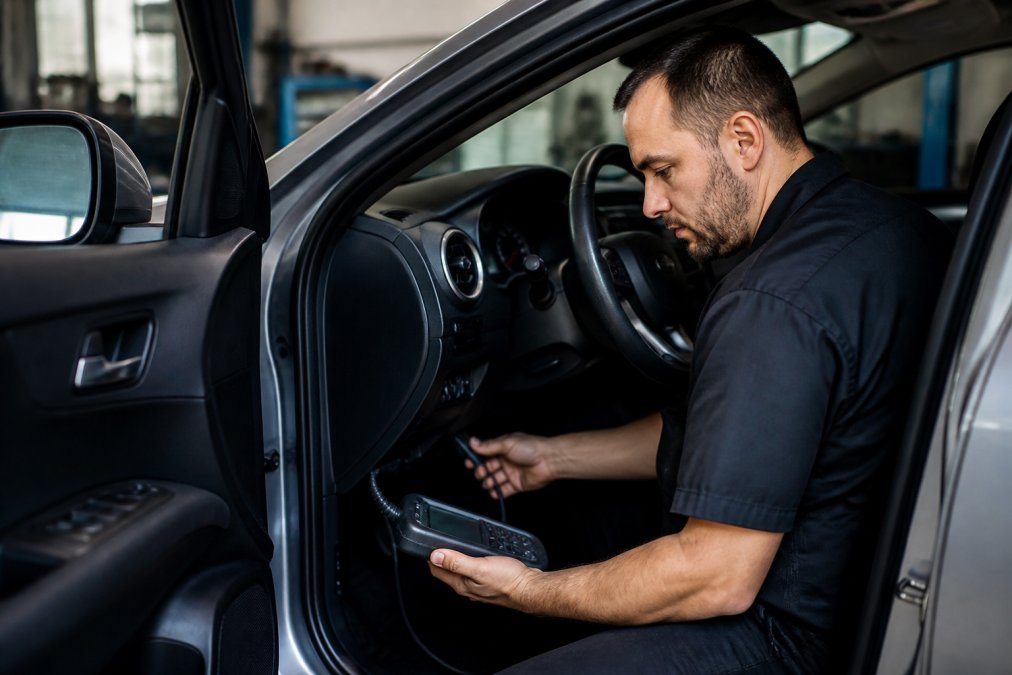 Automotive technician using a diagnostic laptop and OBD-II scanner connected to a vehicle's diagnostic port, reprogramming the transmission control module in a modern shop setting