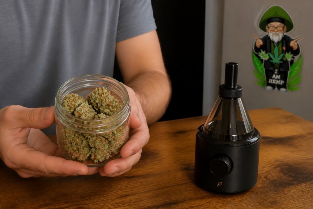 Infographic showing the decarboxylation process of THCA flower buds using a vaporizer on a wooden table.