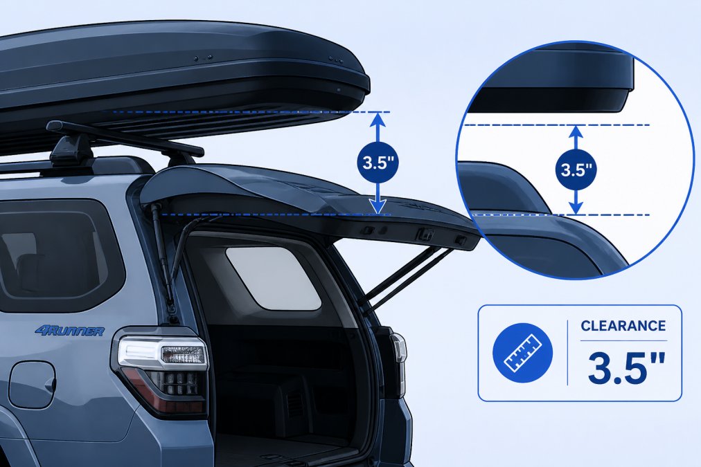 Close-up view of a 4Runner's rear liftgate opening with a cargo box mounted on the roof rack, showing the clearance gap between the box and the hatch opening, natural outdoor lighting