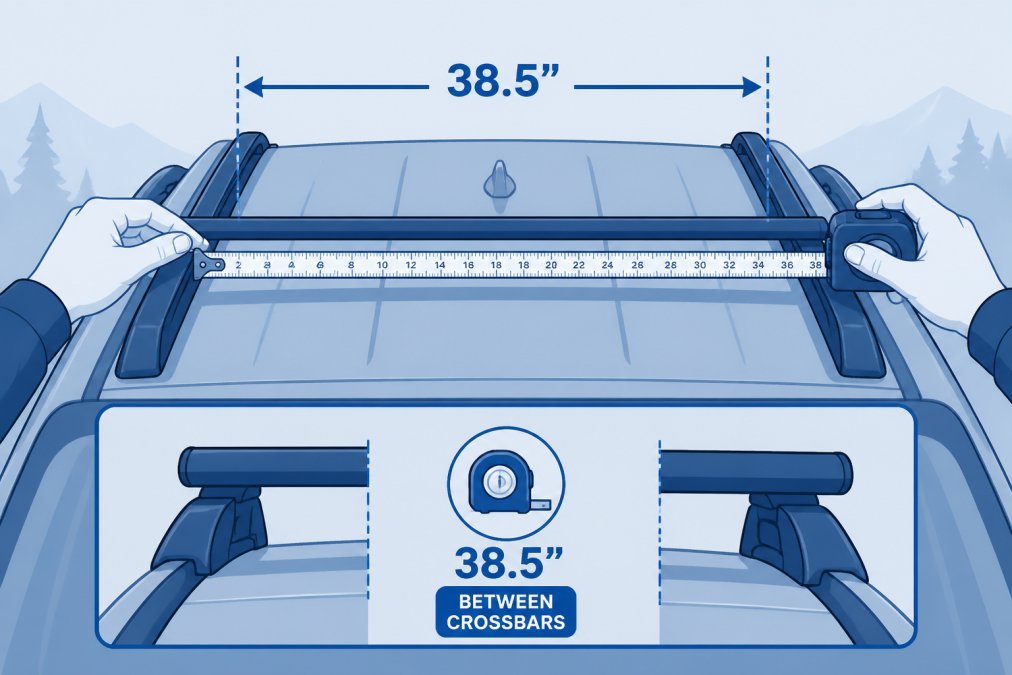 Hands using a measuring tape to measure the distance between factory roof crossbars on a 4Runner, with the tape clearly visible showing the spacing and markings, outdoor daylight