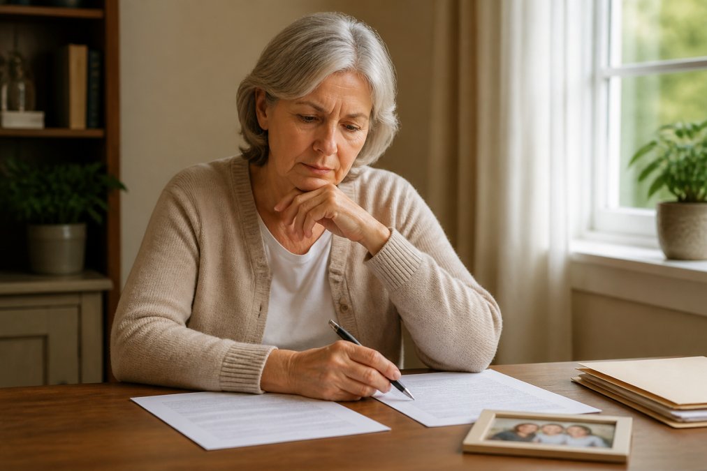 Older adult sitting at a desk with papers and a pen, thoughtfully reviewing documents with a family photo visible on the desk, warm natural light streaming through window