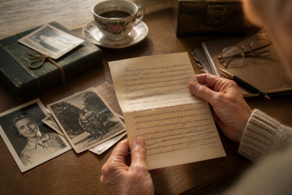 Hands holding a handwritten letter with warm natural lighting, suggesting reflection and personal memory-sharing on a wooden desk with family photographs nearby