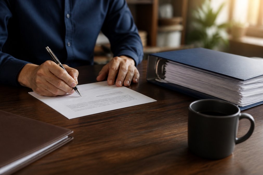 Close-up of a person's hands signing a legal document with a pen, a folder of papers and a coffee cup visible on the desk nearby