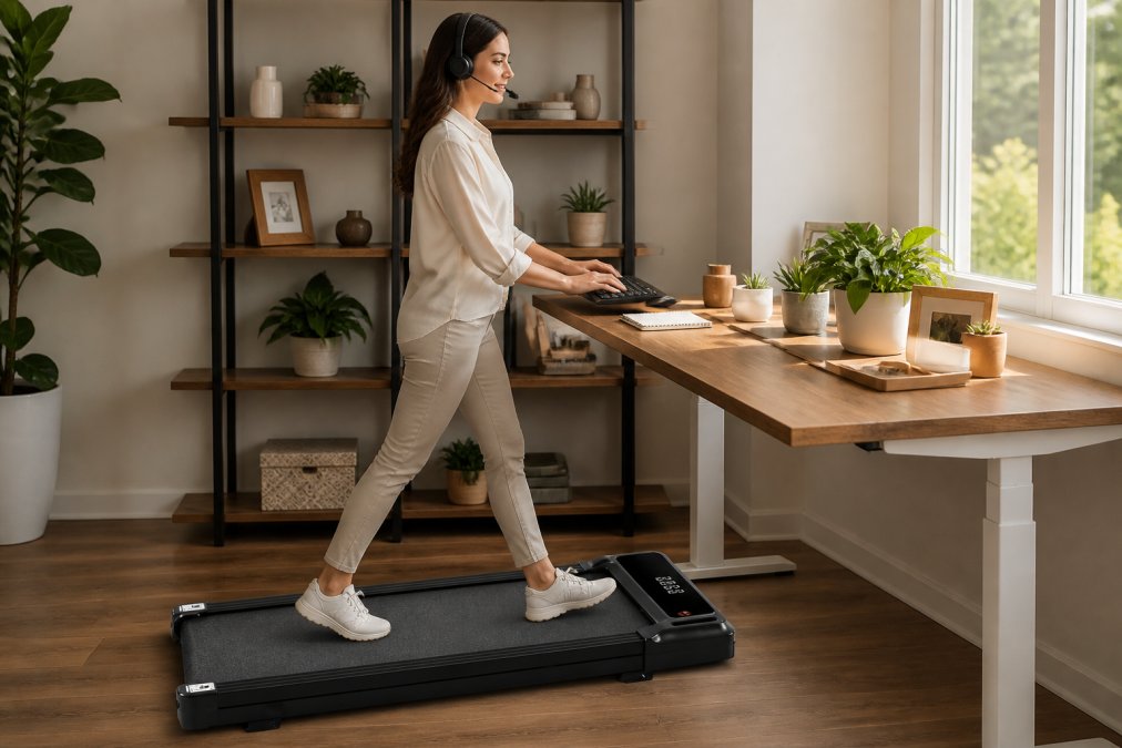 Professional wearing a wireless headset while walking on a compact treadmill at a home office desk, typing on keyboard with focused expression