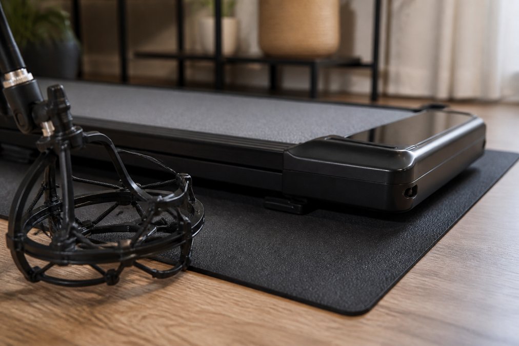 Close-up of a shock mount and vibration dampening mat under a walking treadmill, showing isolation setup with professional installation