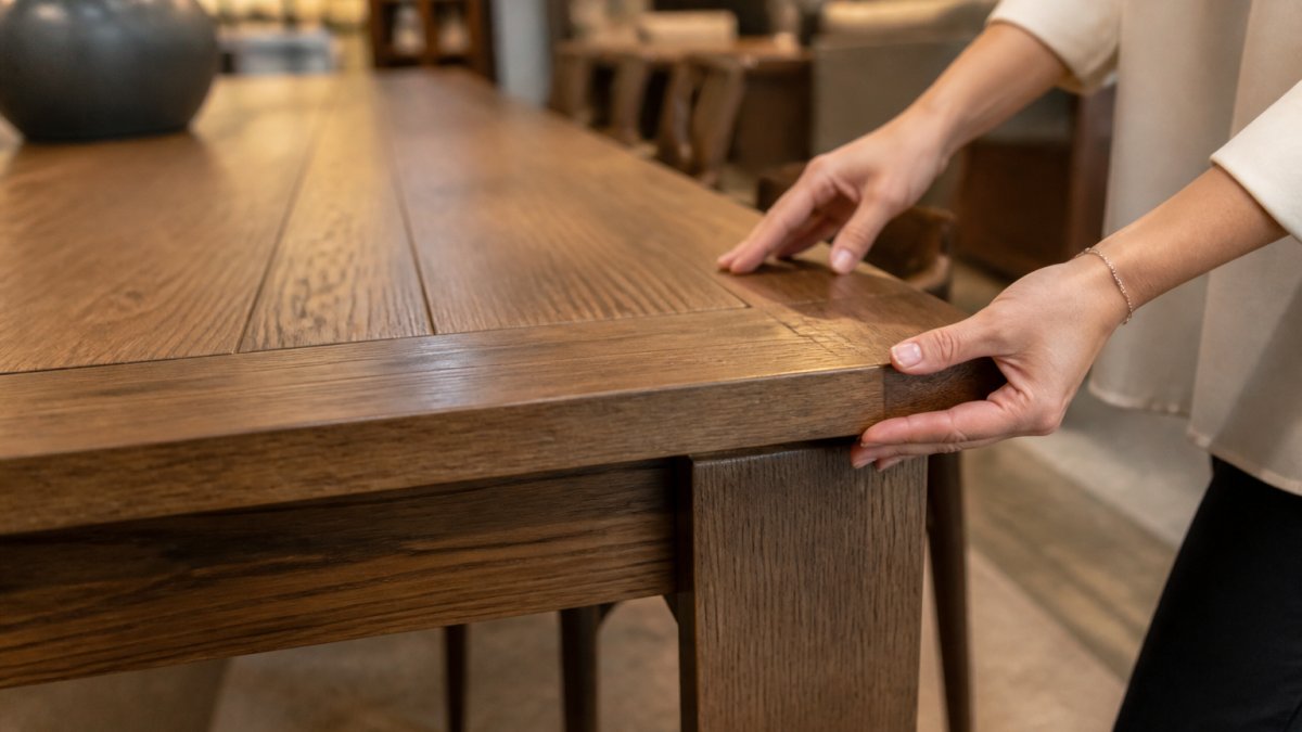 Close-up of hands running along the edge of a solid wood dining table, showing grain texture and joinery detail under warm showroom lighting