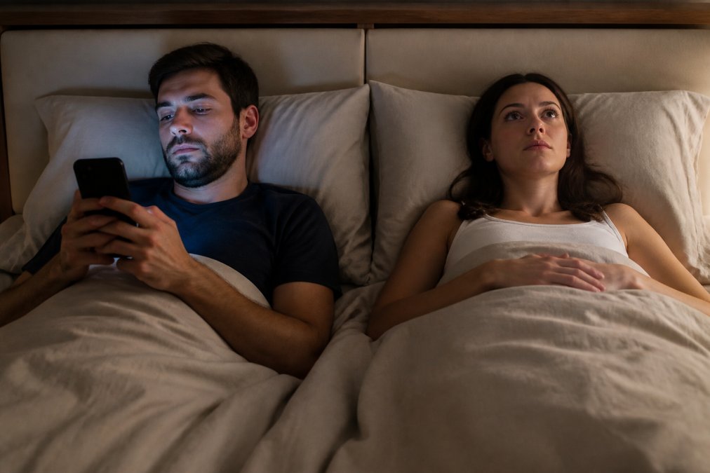 Een slaapkamer scene waar twee mensen in bed liggen, één persoon kijkt naar een smartphone terwijl de ander naar het plafond staart, wat vervreemding uitstraalt