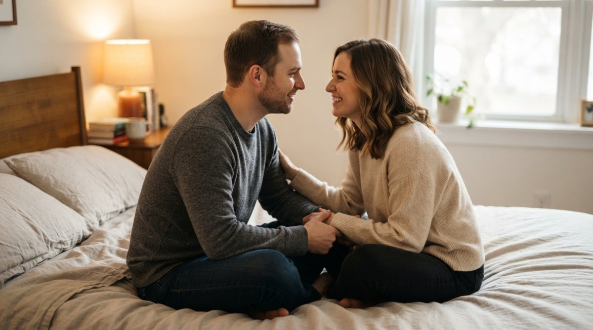 Een koppel dat samen op bed zit, zich naar elkaar toe buigt en elkaar aankijkt met een glimlach, wat intimiteit en vertrouwen uitstraalt