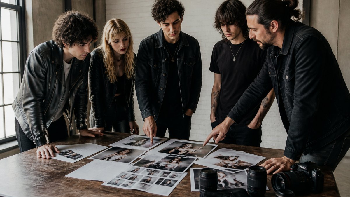 A four-piece band standing in a studio space reviewing a mood board on a table with their photographer, pointing at printed reference images, soft window light from the left