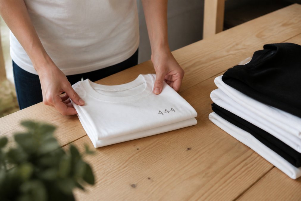Step-by-step process for folding minimalist angel numbers merch t-shirts on a wooden table