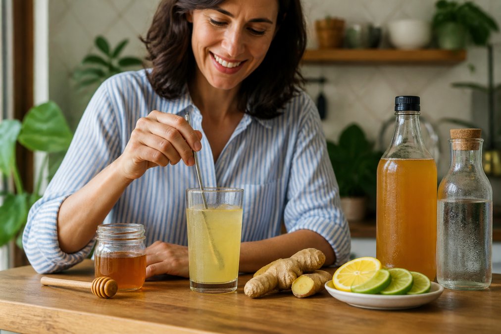 Infographic showing the process of mixing an acv alternative drink with honey, lemon, lime, and ginger for better taste.