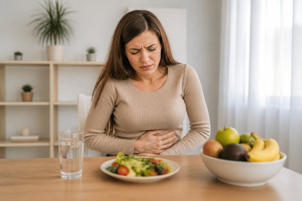 Person holding their stomach with a discomfort expression, sitting at a table with water and healthy food nearby, natural lighting