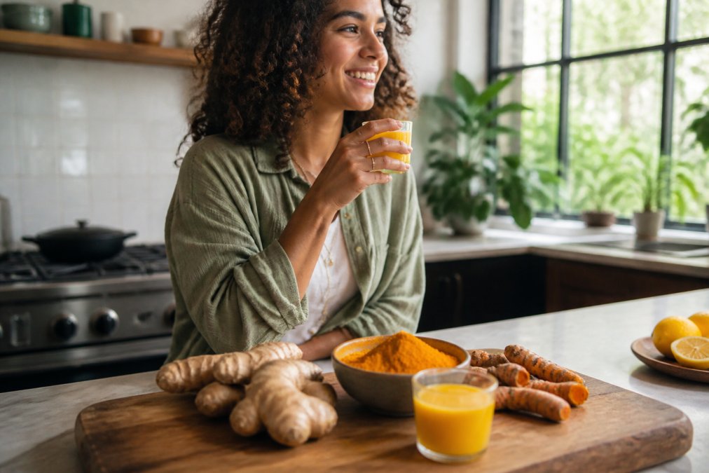 Close-up of fresh ginger root and turmeric powder on a wooden surface with a glass of golden wellness shot, warm natural light