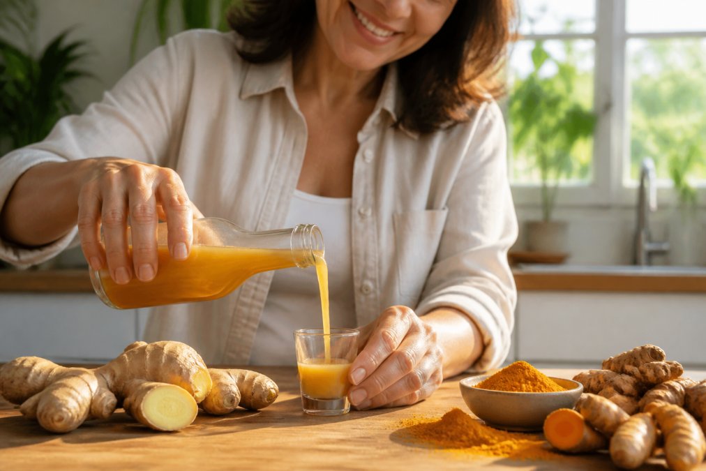 Close-up of hands pouring a golden wellness tonic into a small glass, with fresh ginger root and turmeric powder visible on a wooden surface beside the glass in natural morning light
