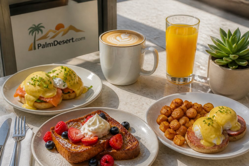 A close-up overhead shot of a brunch table at a bright desert cafe, featuring plates of eggs benedict, French toast with berries, a latte in a ceramic mug, and a glass of fresh orange juice on a sunlit patio table