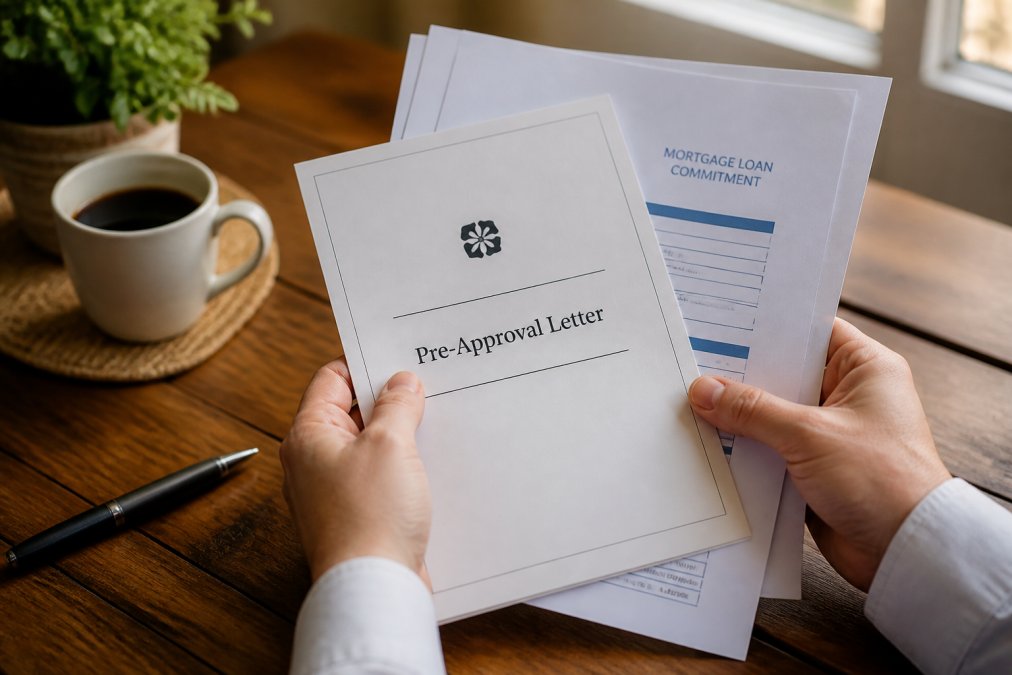Close-up of hands holding a pre-approval letter and mortgage documents on a wooden desk with a pen and coffee cup nearby, warm natural light from a nearby window