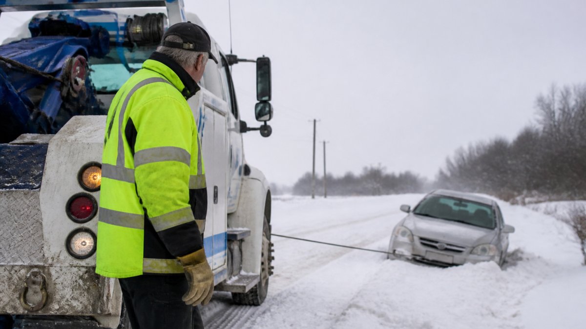 Professional towing operator in reflective gear assessing a vehicle stuck in snow while standing beside a heavy-duty tow truck with winch equipment visible on a gray winter day