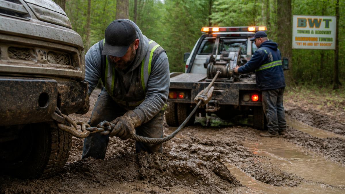 Professional tow truck operator securing a heavy-duty winch cable to a vehicle's frame while another truck with mounted winch prepares to extract a car stuck deep in mud, showing the cable system and rigging equipment in action