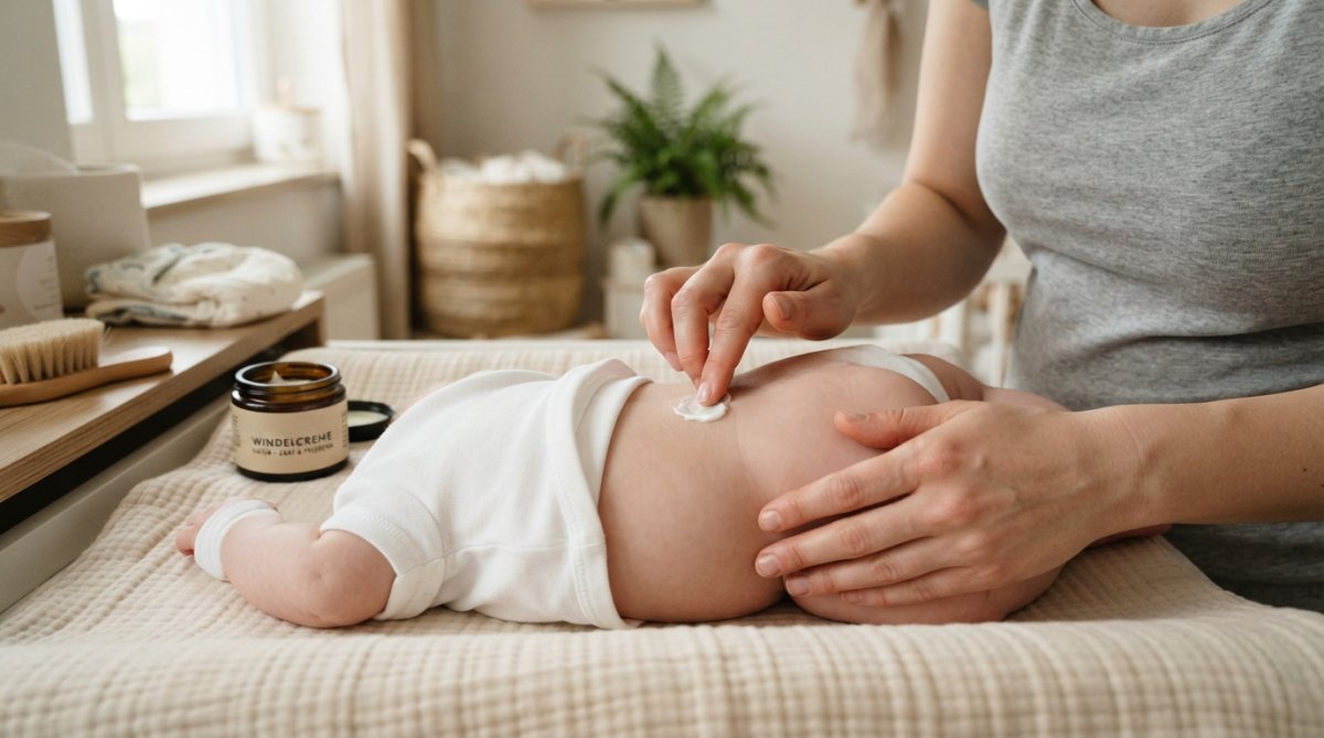 Elternhände tragen sanft eine weiße Windelcreme natur auf die zarte Babyhaut im Windelbereich auf.