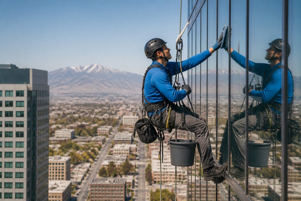 Professional window cleaning technician secured with safety harness and equipment working on exterior of high-rise commercial building with city skyline visible in background