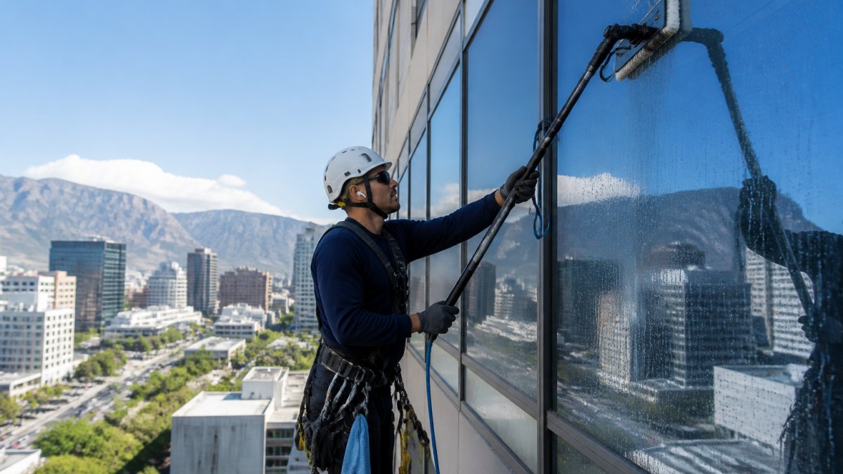 Professional certified technician using a water-fed pole system to clean exterior windows on a multi-story office building during daylight hours, with clear visibility of the building facade and surrounding urban environment