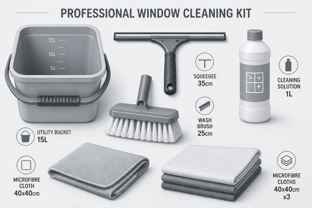 Close-up of a professional window cleaning kit laid out flat, showing a blue utility bucket, squeegee, brush, microfibre cloths, and cleaning solution bottle arranged neatly on a work surface