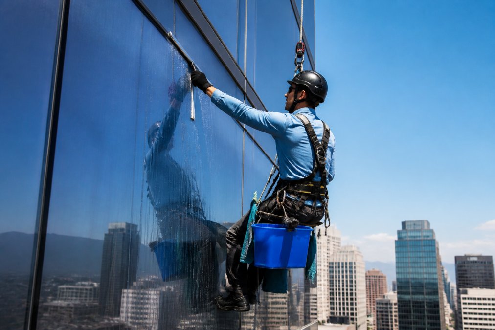 A professional window cleaner suspended on the exterior of a high-rise glass tower, wearing a full-body harness connected by a lanyard to a roof anchor point, squeegee in hand against the glass, bright daylight reflecting off the building facade