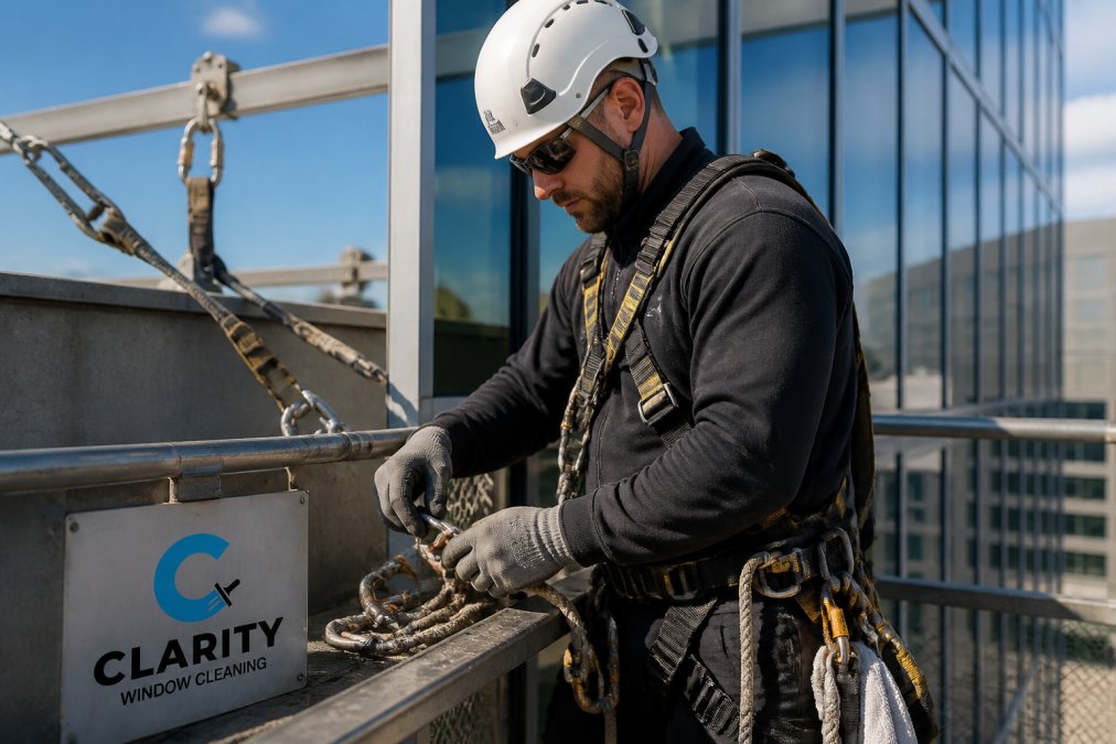 Professional window cleaner in full safety gear (hard hat, harness, gloves) performing pre-shift equipment inspection on suspended platform with anchor points visible in background