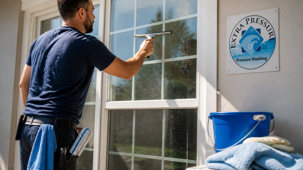 A professional window cleaner using a squeegee on a large residential window, with a bucket and microfiber cloths visible nearby, bright natural daylight