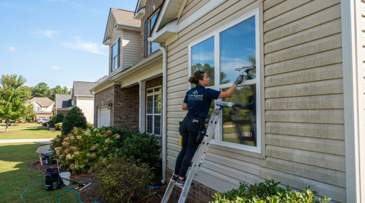 Professional window cleaner working on residential home exterior with clear blue sky, showing sparkling clean windows contrasting with adjacent dusty siding, natural daylight illuminating the transformation