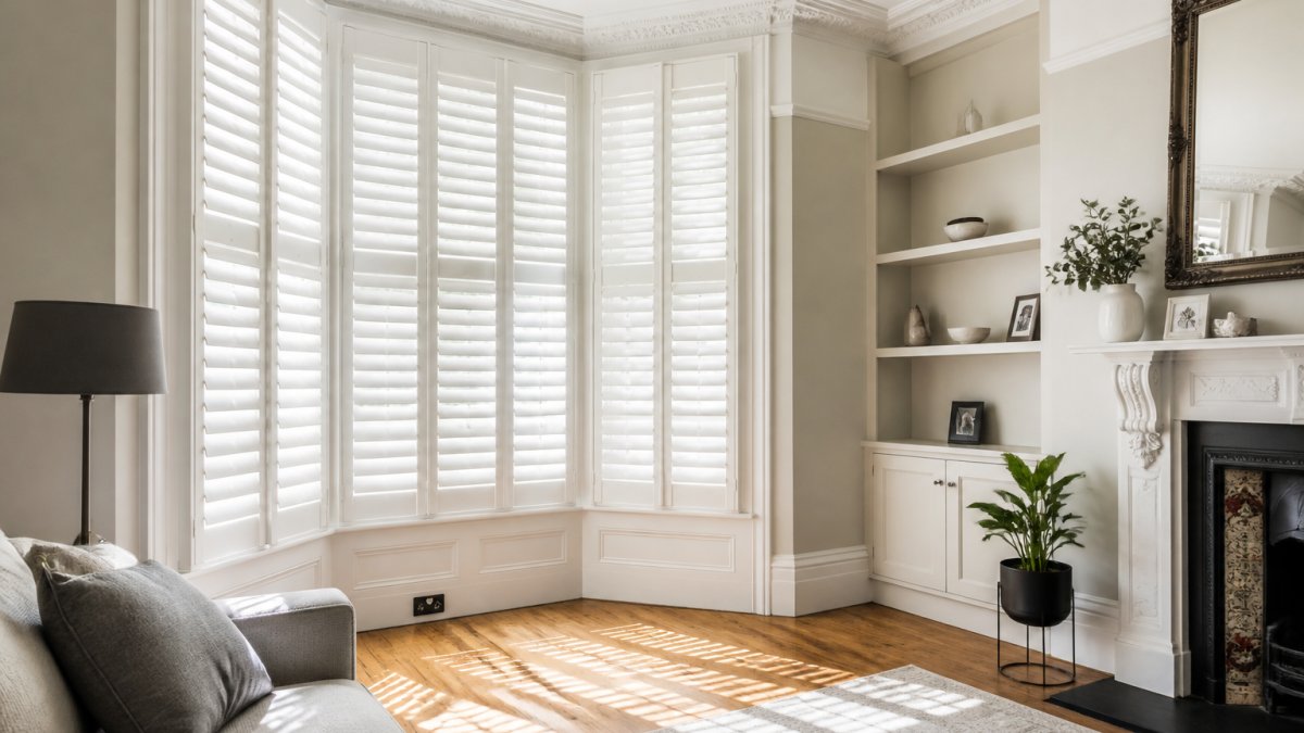 A bright Victorian living room with tall bay windows fitted with white full-height plantation shutters, period cornicing and a fireplace visible, morning light casting slatted shadows across a wooden floor