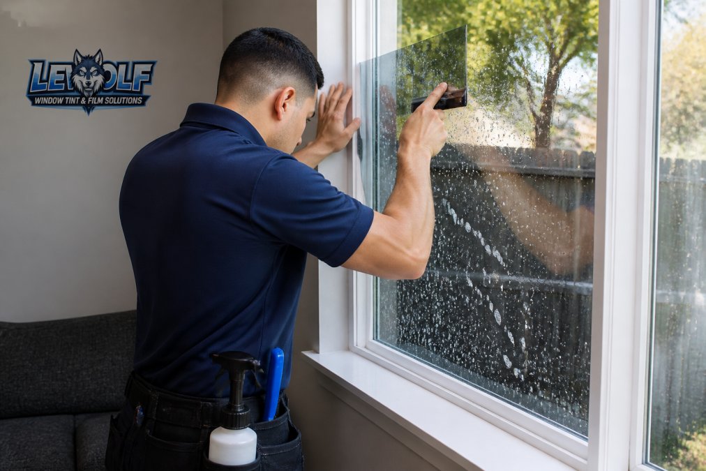Technician demonstrating the precision installation process for window film for glare reduction 2026 on home glass.